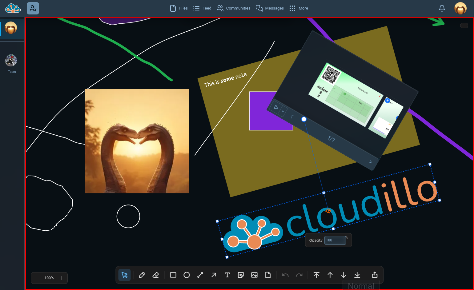 Dokumentumbeágyazás a Cloudillóban — egy rajztábla beágyazott képekkel, jegyzetekkel és egy prezentációval