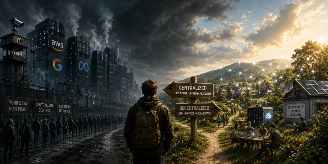 A crossroads between two internets: a dark, fenced-in city of big tech data centres on one side, a sunlit village of self-hosted servers and people collaborating on the other