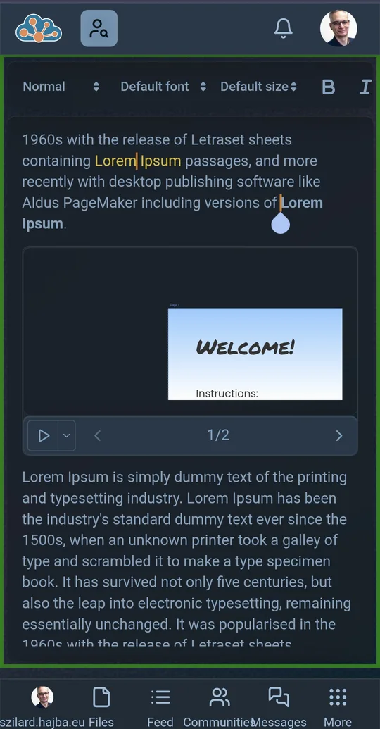 Gazdag szövegszerkesztő formázó eszköztárral és két kollaboratív kurzorral